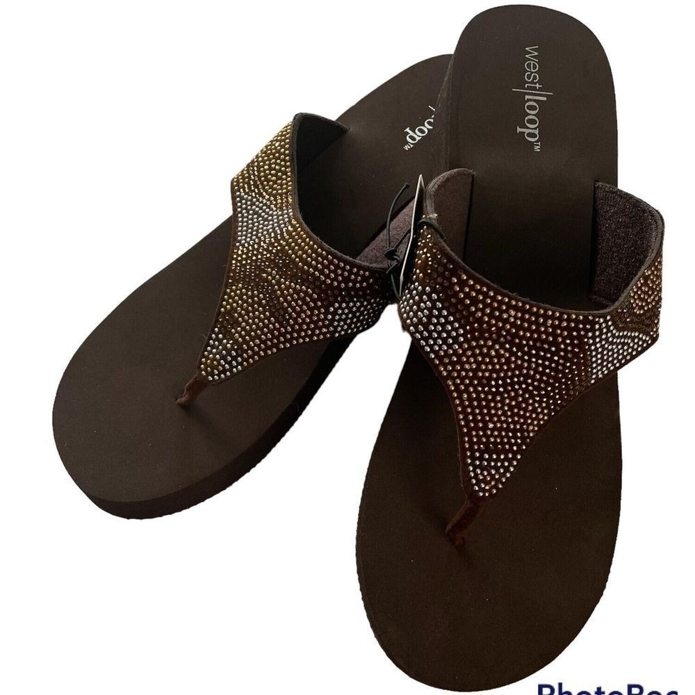 West Loop‎ Platform Flip Flops Women L 9/10 Brown NEW Studded Rhinestone Wedge